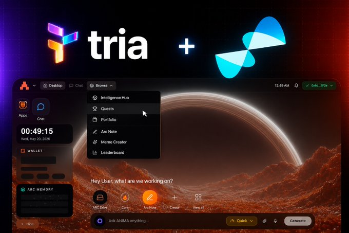 The image shows a computer screen displaying a website called "tria" with a large graphic of an arch or rainbow, along with some text that reads "tria +". The background of the image features a red sky with clouds. There is also a small amount of text on the right side of the image, which seems to be related to the post about using tria for app development.