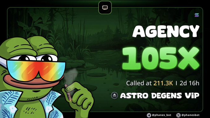 Promotional graphic for an NFT project featuring a cartoon Pepe frog in a Hawaiian shirt and sunglasses holding a cigar, advertising 'AGENCY 105X' called at 211.3K with 'ASTRO DEGENS VIP' branding and '@phanes' social handles.