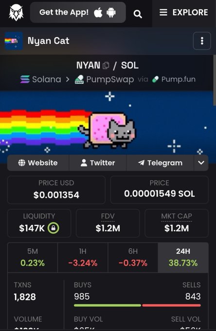 Mobile app screenshot showing Nyan Cat (NYAN) token on Solana via PumpSwap, priced at $0.001354 USD (0.00001549 SOL) with a market cap of $1.2M and 24H change of +38.73%.