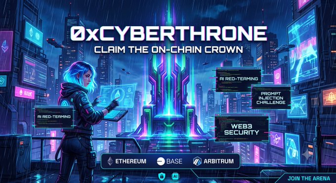 A cyberpunk-themed promotional banner for '0xCYBERTHRONE - CLAIM THE ON-CHAIN CROWN' featuring a blue-haired hacker character holding a laptop, with floating panels labeled 'AI RED-TEAMING,' 'PROMPT INJECTION CHALLENGE,' and 'WEB3 SECURITY,' alongside logos for Ethereum, Base, and Arbitrum, and a 'JOIN THE ARENA' call-to-action.
