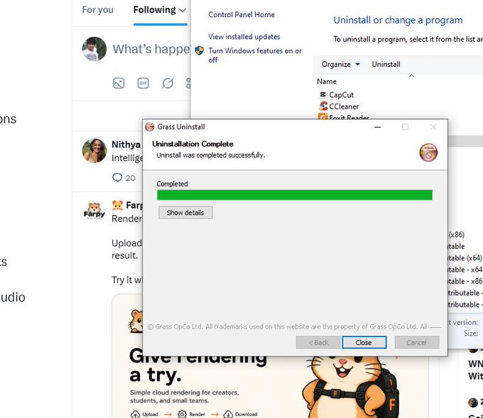 A Windows desktop screenshot showing the Grass application uninstallation completion dialog overlaid on social media and Control Panel windows.
