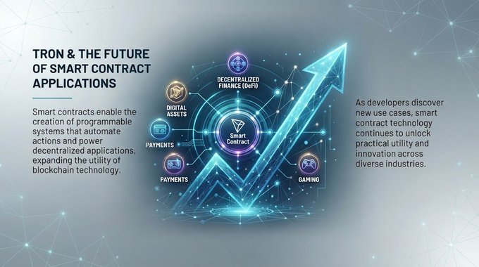 An infographic titled 'TRON & THE FUTURE OF SMART CONTRACT APPLICATIONS,' featuring a rising blue arrow surrounded by icons for Decentralized Finance (DeFi), Digital Assets, Payments, and Gaming.