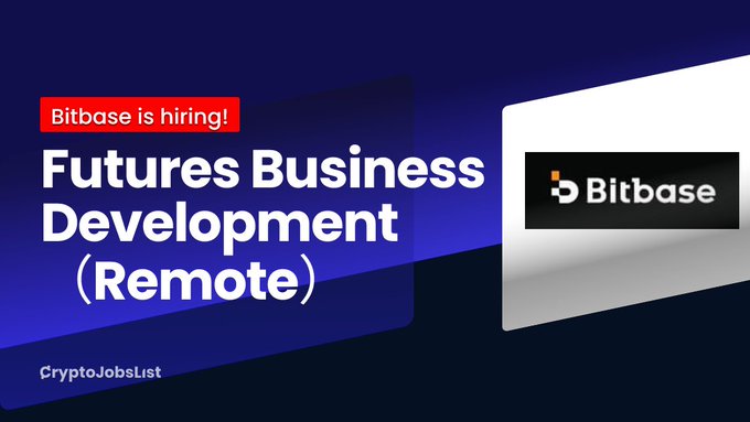 A job recruitment graphic featuring a dark blue background with the headline "Futures Business Development (Remote)" alongside a red "Bitbase is hiring!" banner, the Bitbase logo displayed on a laptop screen, and "CryptoJobsList" branding in the corner—promoting the remote business development role at Bitbase.