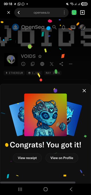 A mobile screenshot of the OpenSea NFT marketplace showing a successful purchase of a "VOIDS" collection NFT on Ethereum, with the message "Congrats! You got it!" and options to view the receipt or profile.