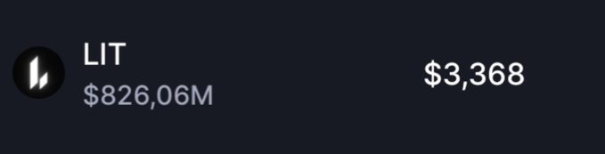 The image displays LIT cryptocurrency information showing a market capitalization of $826.06M and a price of $3,368. This relates to the post about the Lighter x Robinhood campaign, highlighting the significant value of LIT (at $37M per the post) being airdropped as part of this collaboration.