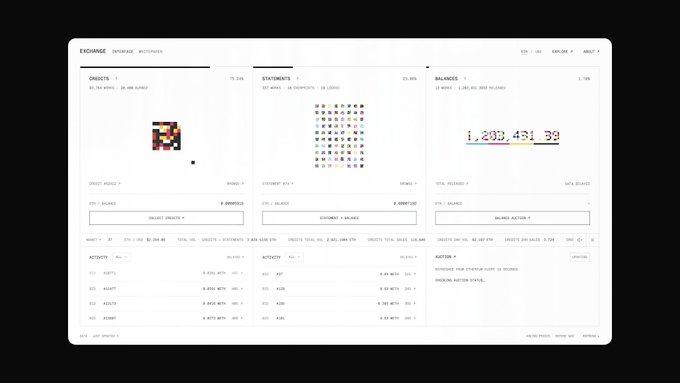 A monochrome screenshot of the “EXCHANGE” interface for Jack Butcher’s $BALANCE token shows an “OBJECTS” artwork, “STATEMENTS” grid, and a “BALANCES” panel displaying “1,202,431.39,” with tabs for activity, actions, and provenance. It illustrates the token’s on-chain “liquid provenance” concept by pairing the artwork with live Uniswap CCA data and transaction histories.