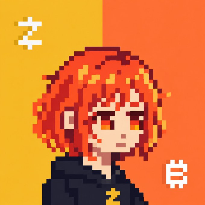 A pixel art illustration of an anime-style character with red and orange hair and red eyes, set against a two-toned orange background with stylized symbols in the corners.