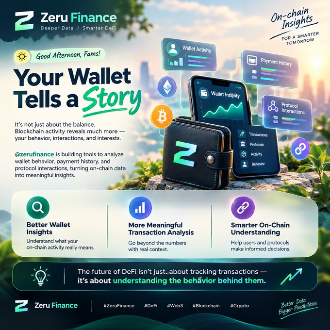 A promotional graphic for Zeru Finance with the tagline "Your Wallet Tells a Story," highlighting features like "Better Wallet Insights," "More Meaningful Transaction Analysis," and "Smarter On-Chain Understanding."