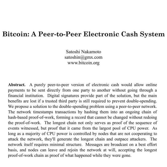 The opening page of the Bitcoin whitepaper titled 'Bitcoin: A Peer-to-Peer Electronic Cash System' by Satoshi Nakamoto (satoshin@gmx.com), with the abstract discussing a peer-to-peer electronic cash system using proof-of-work.