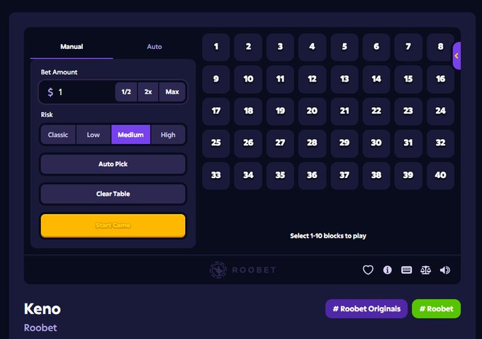 A Roobet Keno game screen shows a “Manual” betting interface with a $1 bet, “Classic/Low/Medium/High” risk options, an “Auto Pick” button, and number tiles 1–40. The post reflects the difficulty of choosing a few numbers, noting the switch from Mines and linking to `roobet.com/?ref=becky7988`.