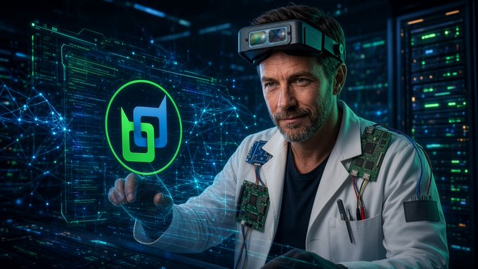 A bearded scientist or engineer wearing a futuristic AR headset and a lab coat with circuit boards attached to the lapels stands before a glowing green and blue logo reading "b" inside a circle, representing the BChat app. He interacts with holographic code and network nodes, visually reinforcing the post's message about BChat's privacy-first, decentralized, end-to-end encrypted communication that bypasses traditional phone-number or email registration.