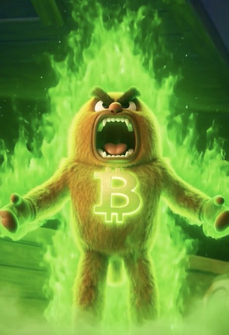 An angry, furry cartoon character roars with arms outstretched while surrounded by bright green flames, featuring a glowing Bitcoin (₿) symbol on its chest.