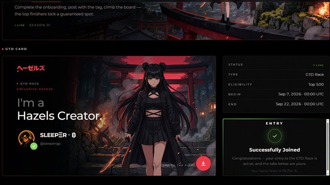 A digital interface from a platform called 'HAZELS' shows a 'GTD RACE' card featuring an anime-style girl with black twin-tails, indicating a 'Successfully Joined' status for the exclusive access event running from Sep 7 to Sep 22, 2026.