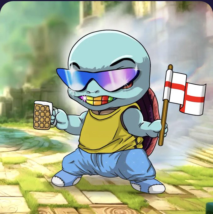 A cartoon turtle character wearing oversized reflective sunglasses, a yellow tank top, blue jeans, and a gold grill, holding a mug of beer in one hand and an England flag in the other.