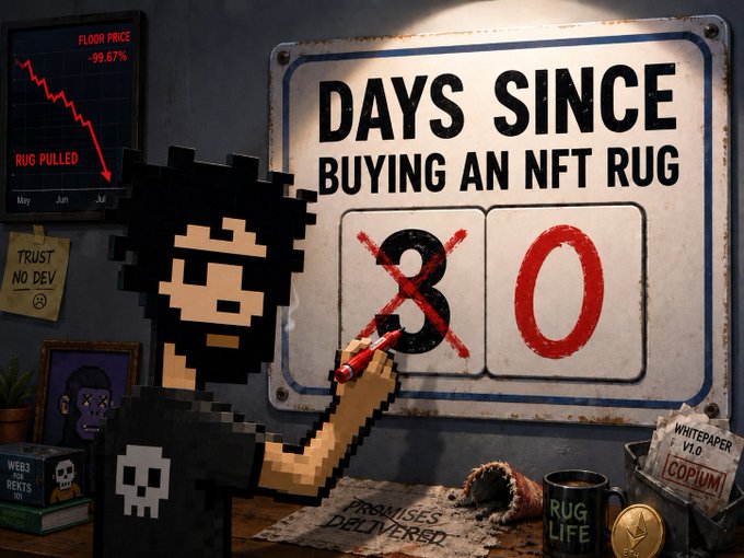 A pixel-art hooded figure crosses out the number "3" on a board reading "DAYS SINCE BUYING AN NFT RUG," with nearby elements including a "TRUST NO DEV" note, a "WHITEPAPER V1.0 / COPIUM" document, and a "RUG PULLED" floor price chart showing -99.67%, humorously tying into the post's complaint of repeatedly falling for NFT rug pulls.