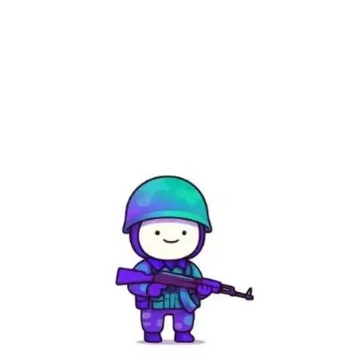 A small, stylized cartoon soldier character wearing a purple and blue helmet and uniform, holding a purple rifle against a plain white background.
