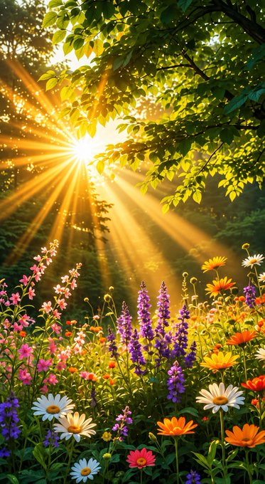 A vibrant nature scene showing golden sun rays streaming through green tree branches overhead, illuminating a colorful meadow filled with pink, purple, white, and orange wildflowers.