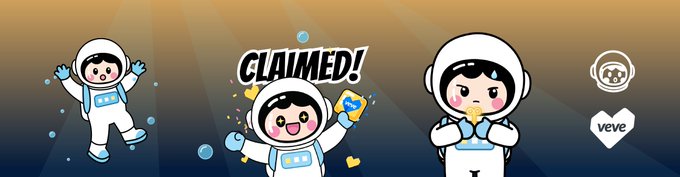Three cartoon astronaut characters in white spacesuits celebrate, with the central one displaying the text 'CLAIMED!' and a 'veve' logo on the right.