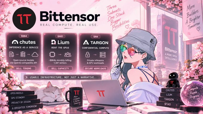 The image is a pink-toned, anime-style promotional graphic for Bittensor featuring an illustrated character with a bucket hat and sunglasses working on a laptop, alongside cherry blossoms, a cat, and a robot. It highlights three subnets—Chutes (SN64), Lium (SN51), and Targon (SN6)—as usable AI infrastructure, with taglines like "REAL COMPUTE. REAL USE." and "Three Subnets, One Stack, Bigger Possibilities."

This visual directly supports the post by illustrating the three Bittensor subnets being referenced (Chutes, Lium, and Targon), framing them as practical AI infrastructure components within a cohesive "stack" rather than abstract concepts.