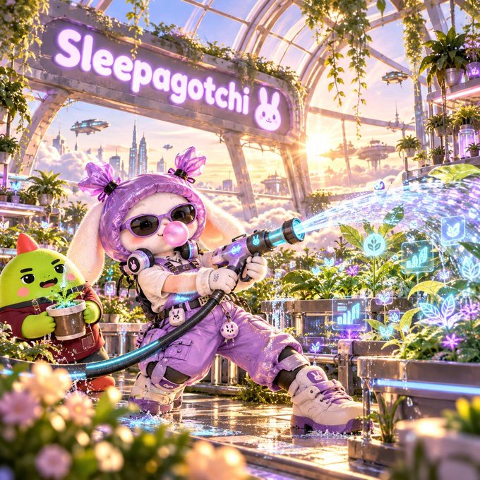 An AI-generated illustration titled 'Sleepagotchi' showing a bunny-like character in purple gear using a futuristic water gun in a lush, high-tech greenhouse setting.