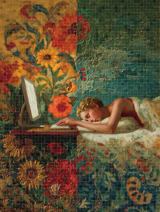 A painting of a sleeping woman in a floral dress resting at a desk with a computer monitor, set against a vibrant background of sunflowers and floral mosaic patterns.