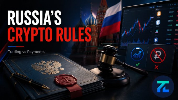 A promotional graphic titled 'RUSSIA'S CRYPTO RULES: Trading vs Payments' featuring a Russian passport, a gavel, Saint Basil's Cathedral, and the Russian flag alongside a crypto trading chart and payment icons.