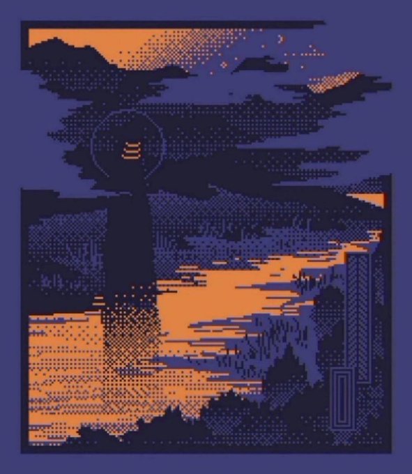Pixel art illustration depicting a silhouetted figure with a glowing symbol on their head standing by a body of water at sunset, with an orange and dark blue color palette.