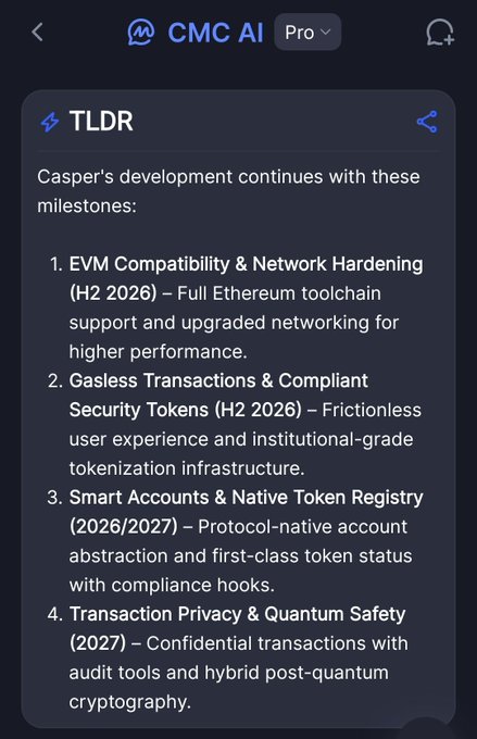 The image shows a screenshot of the TLDR section of a webpage titled "Cspr Casper's development continues with these milestones (DYOR): EVM compatibility & network hardening(H2 2026) – Full Ethereum toolchain support and upgraded networking for higher performance." The post is about the importance of the Bitcoin cryptocurrency, which has been around since 2009. It features a list of security token requirements from 2026 to 2027, including compliance with the Smart Accountancy & Native Token Registration protocols along with hybrid payments.