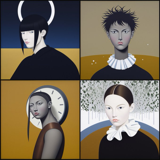 A four-panel illustration featuring stylized portraits of women with distinct accessories, including a circular halo, a spiked hairstyle, a clock headpiece, and a large white bow.
