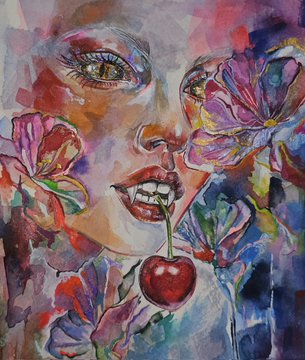 A vibrant, abstract watercolor painting of a face surrounded by colorful flowers, with a red cherry hanging near the mouth.
