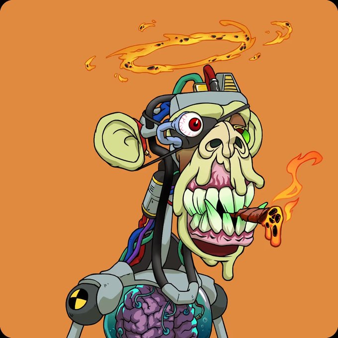 A cartoon illustration of a green zombie-like ape head with exposed brain, wearing cyberpunk goggles and holding a cigar, set against an orange background with flames.