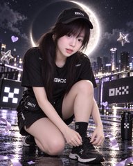 A photo of a young woman in a black outfit crouching in front of a cityscape backdrop with 'QXX' branding, wearing a black cap and platform shoes.