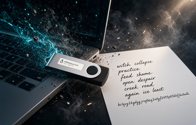A digital artwork showing a USB drive plugged into a laptop with a cosmic explosion emerging from the port, alongside a handwritten list of BIP-39 mnemonic words including "witch collapse practice feed shame open despair creek road again ice least" followed by additional encrypted text.