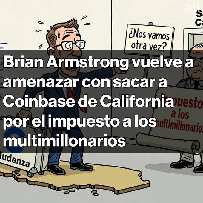 A political cartoon showing a sweating man with glasses standing on a map labeled 'Mudanza' (relocation), with Spanish text stating 'Brian Armstrong vuelve a amenazar con sacar a Coinbase de California por el impuesto a los multimillonarios' (Brian Armstrong again threatens to move Coinbase out of California over the billionaire tax).