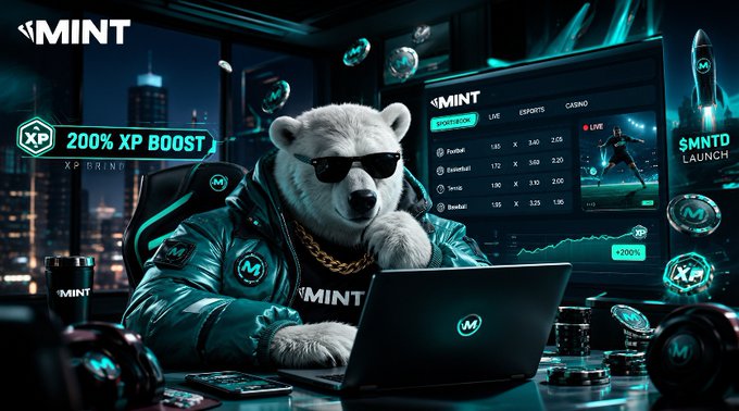 A cool polar bear wearing sunglasses and a leather jacket works at a laptop in a neon-lit trading setup, with "MINT" branding and a screen showing a "200% XP Boost" alongside live betting odds for sports like Football and Basketball. The image visually reinforces the post's message about the time-sensitive XP grind tied to the upcoming $MNTD launch, framing it as a strategic play before the boost expires.
