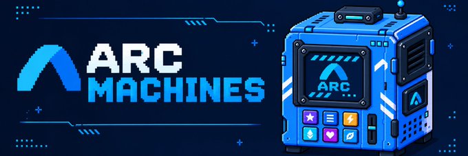 A digital graphic displays the 'ARC MACHINES' logo in white and blue pixel art next to an illustration of a futuristic blue machine device on a dark blue background.