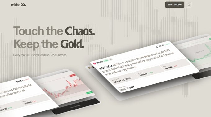The Midas Markets landing page features the tagline "Touch the Chaos. Keep the Gold." alongside three phone mockups displaying trading interfaces with headlines about SPDR S&P 500, Fed pause speculation, and Intel/TSMC news—visually showcasing The Wire's summarized news feed with tagged asset tickers like $SPY, $INTC, and $TSM mentioned in the post.