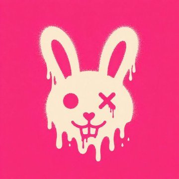 A pink background features a white rabbit face with multiple eyes, one missing eye and some paint dripping from its mouth as if dripping out of an unseen source or object that seems more like a machine than a real rabbit. The text "Burrowz NFT" is also present in the image.
