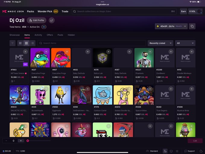A screenshot of the Magic Eden NFT marketplace showing a profile called 'Dj Ozil' displaying a grid of various NFT collectibles with prices listed in SOL, including items like 'N Three Solana', 'Executive Frogs', and 'Baby DeGods'.