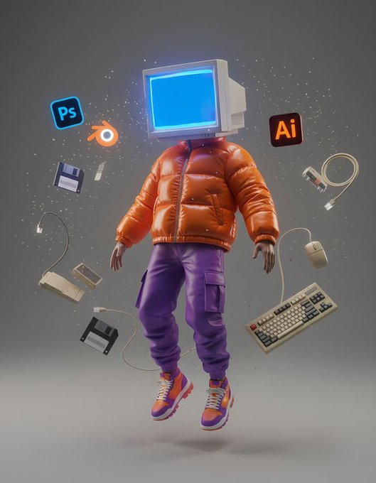 A 3D illustration of a figure with an old computer monitor for a head, wearing an orange puffer jacket and purple pants, surrounded by floating Adobe software icons (Ps, Ai), a floppy disk, and a keyboard.
