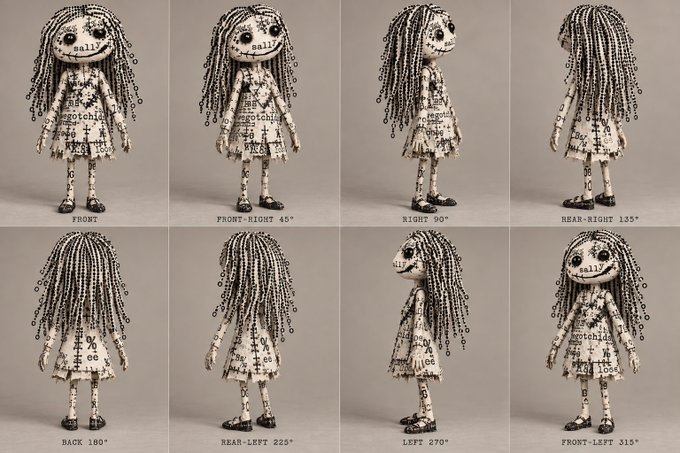 An eight-panel reference sheet displays a creepy handmade doll with beaded dreadlocks and '#gothchild' text written on its body, showing views from front, sides, and back.