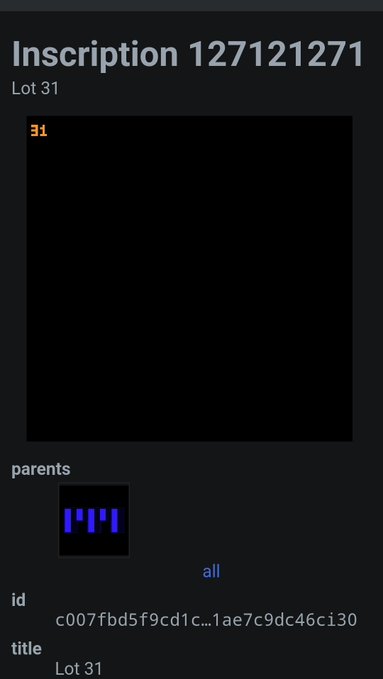Screenshot of Inscription 127121271, titled 'Lot 31,' displaying the number '31' in pixelated red text on a black background, along with its ID and parents section showing a '1-1-1' pattern.