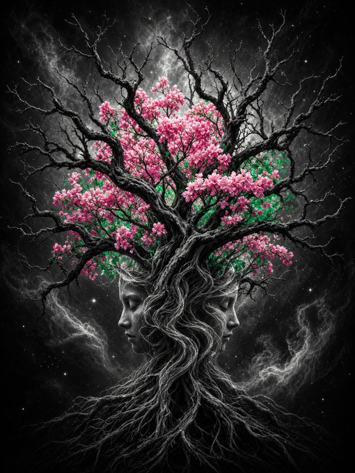 A surreal digital artwork featuring a large tree with pink blossoms and green leaves, its trunk morphing into a woman's profile and her hair flowing into the branches, set against a dark starry background with a second face visible in mirror image.