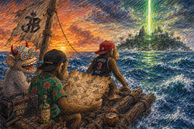 A whimsical painting depicts monkeys in tropical attire on a raft sailing toward a glowing green island, with a map labeled "$BAYLA" and "JB" flag.
