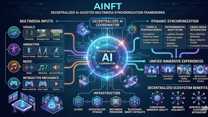 The image showcases a large blue and purple infographic that covers various topics related to decentralized AI-assisted multimedia synchronization frameworks. It appears to be an educational piece intended for audiences interested in understanding the intricacies of this type of technology. The main visual element is the depiction of a brain, which serves as a central representation throughout the infographic, symbolizing the integration of AI into multimedia systems. In addition to visuals and a brain, there are descriptions and explanations included on each section of the infographic to provide more context for understanding the topics being presented.