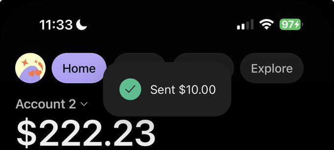 A mobile wallet app screenshot shows an account balance of $222.23 in "Account 2," with a notification popup confirming "Sent $10.00" and the time displayed as 11:33 with a moon icon (indicating Do Not Disturb mode). The image relates to the post by showcasing a successful $10 transaction, encouraging followers to check their wallets—likely anticipating an incoming transfer or airdrop.