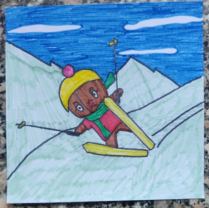 A child's hand-drawn illustration depicting a brown character wearing a yellow beanie and green scarf skiing down a green mountain under a blue sky.