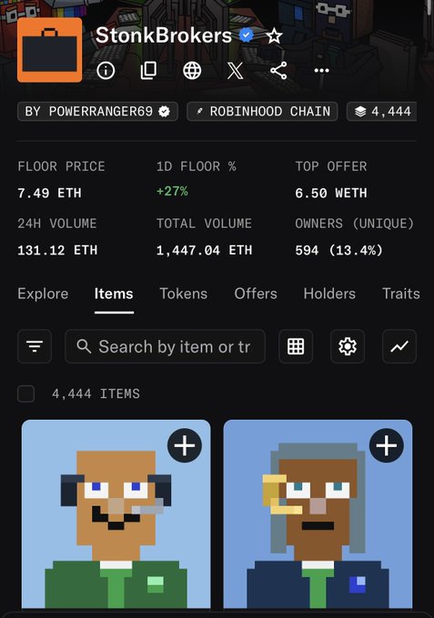 A mobile screenshot of an NFT collection called 'StonkBrokers' by PoWeRRanGer69, displaying a floor price of 7.49 ETH, 24H volume of 131.12 ETH, and 4,444 items.