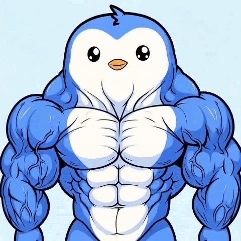 A cartoon-style illustration of an extremely muscular blue penguin with prominent abs and bulging biceps flexing its muscles against a light blue background.