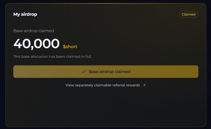 A digital interface showing a claimed airdrop with the text 'My airdrop', 'Base airdrop claimed', and '40,000 $short' displayed on a dark background.